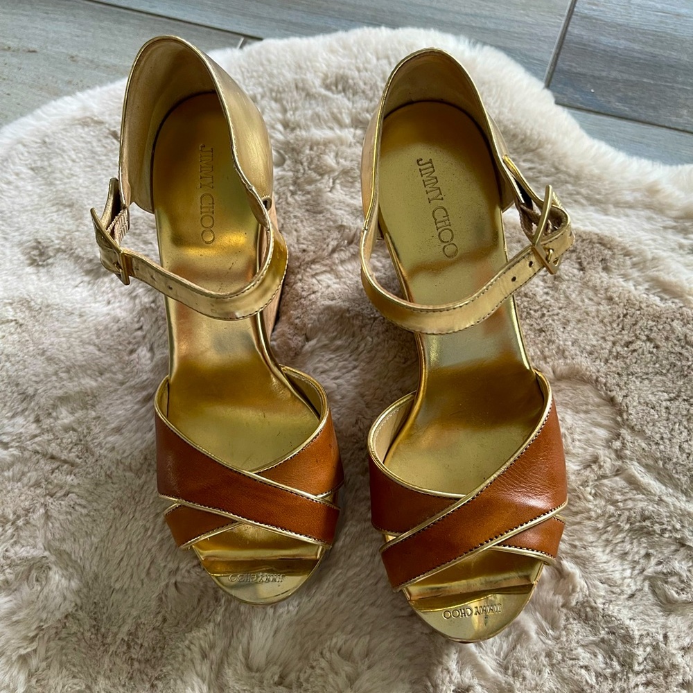 Jimmy Choo Gold and Brown Leather Crisscross Ankle Strap Sandals
